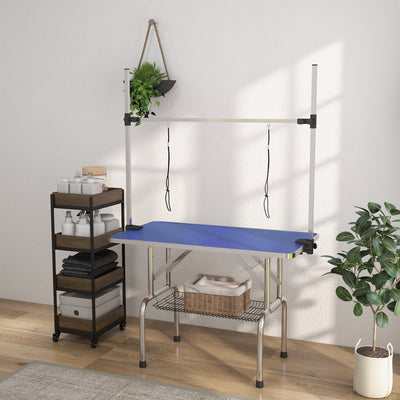 PawHut 42" Dog Grooming Table, Adjustable Pet Cat Drying Beauty Table with 2 Loops Storage Basket, Rubber Top, Blue 
