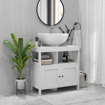 kleankin Pedestal Under Sink Cabinet with Double Doors, Modern Bathroom Vanity Storage Unit with Shelves, White 
