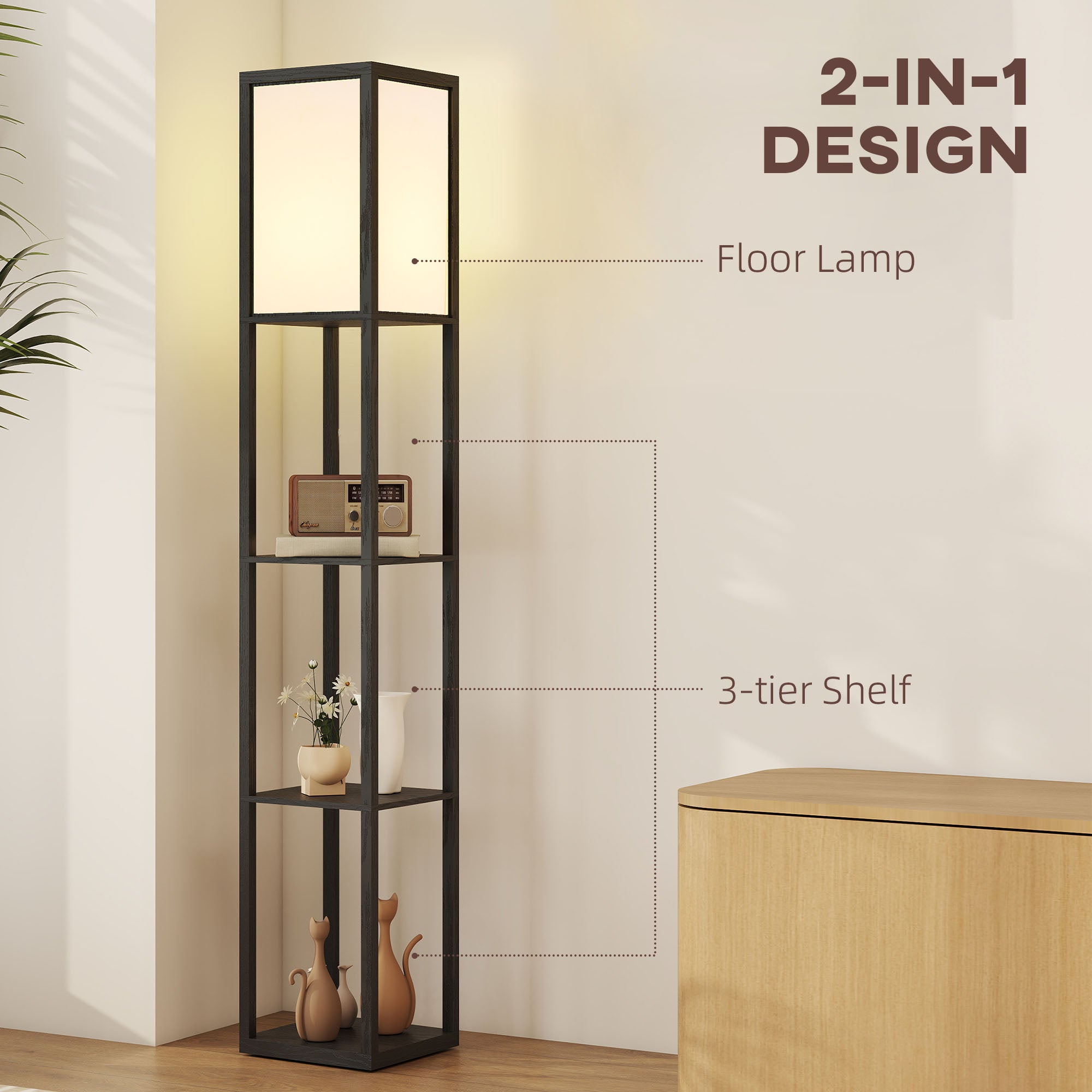 HOMCOM Floor Lamp with Shelves, 3 Layer Column Modern Standing Lamp for Living Room, Bedroom, Office, Bulb not Included, Black 