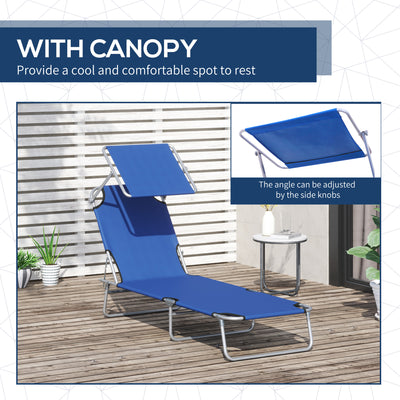 Outsunny 2 Pieces Outdoor Foldable Sun Lounger, 4 Level Adjustable Backrest Reclining Sun Lounger Chair with Angle Adjust Sun Shade Awning for Beach, Garden, Patio, Blue 