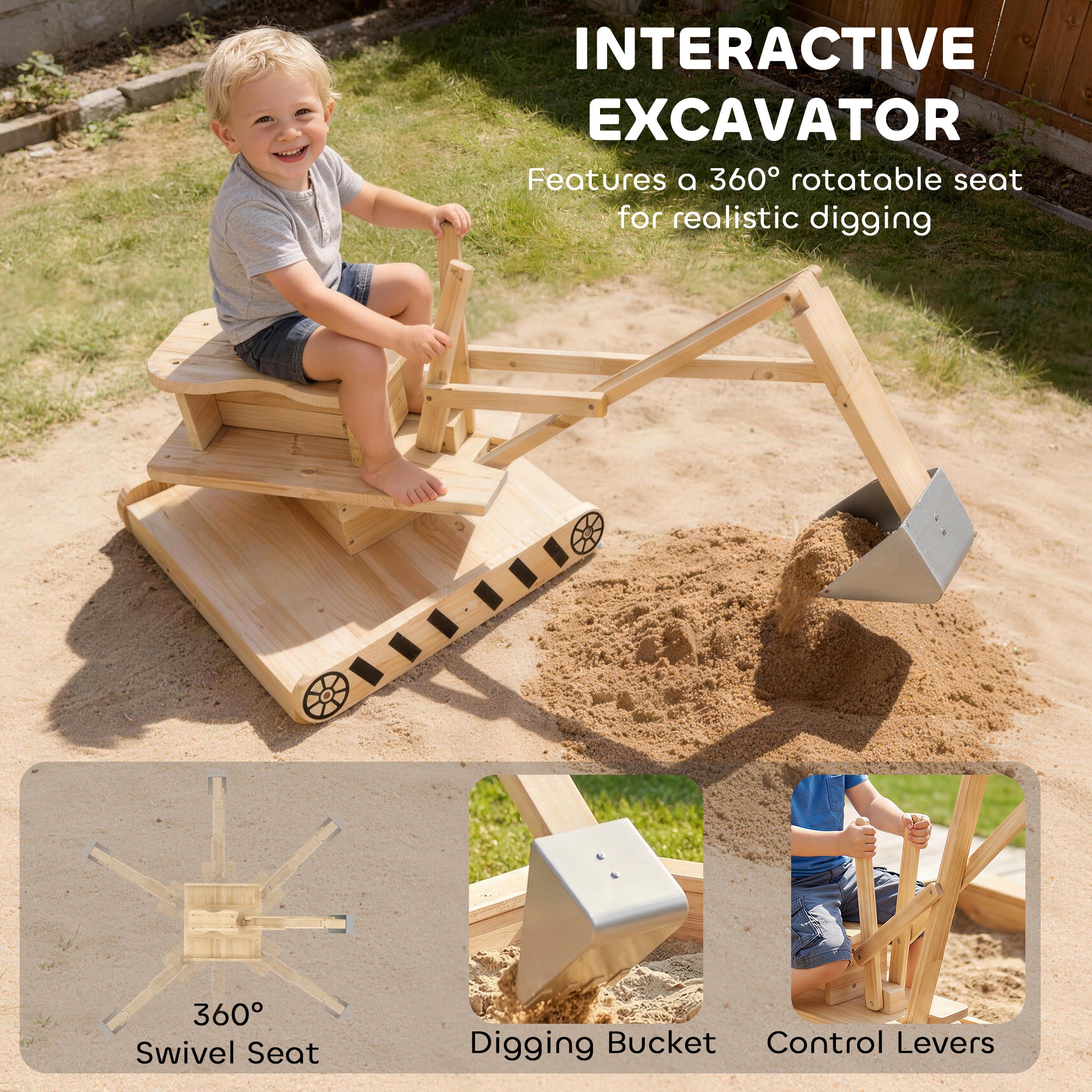 AIYAPLAY Wooden Sand Pit with Digger, Kids Sandbox Outdoor, SandPit with 360 Swivel Seat and Bottom Liner 