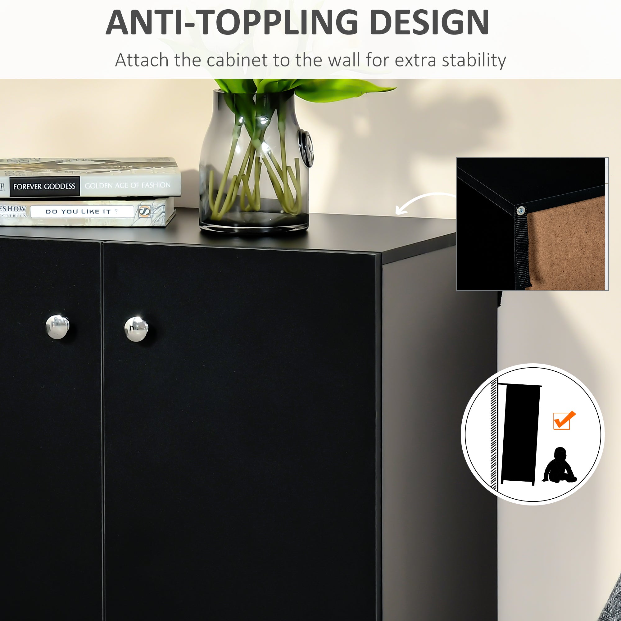 HOMCOM Storage Cabinet w/ Two Shelves Wooden Sideboard Freestanding Kitchen Cupboard Bookcase - Black 