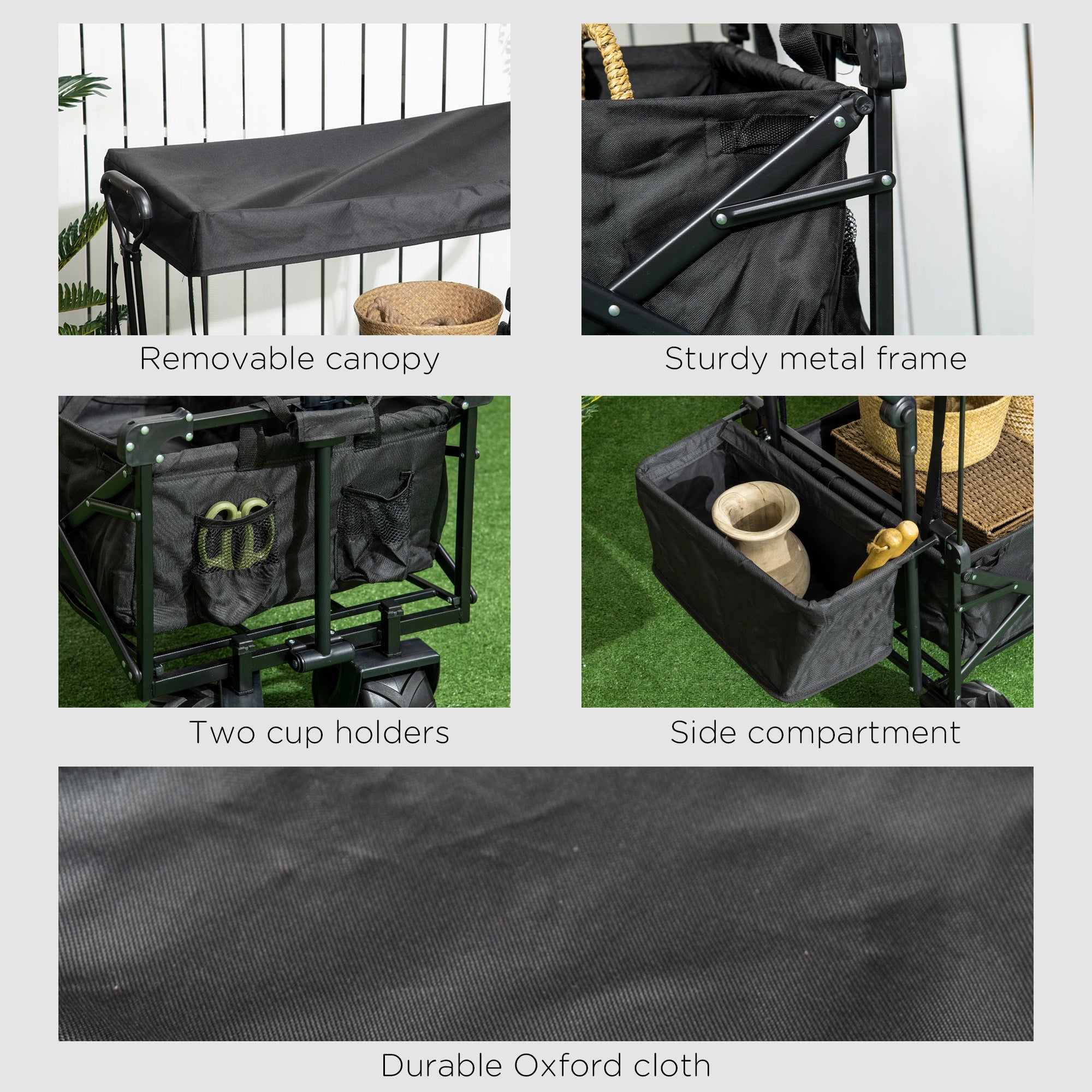 Outsunny Folding Trolley Cart Storage Wagon Beach Trailer 4 Wheels with Handle Overhead Canopy Cart Push Pull for Camping, Black