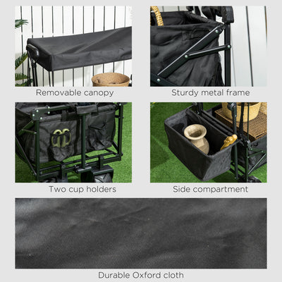 Outsunny Folding Trolley Cart Storage Wagon Beach Trailer 4 Wheels with Handle Overhead Canopy Cart Push Pull for Camping, Black 
