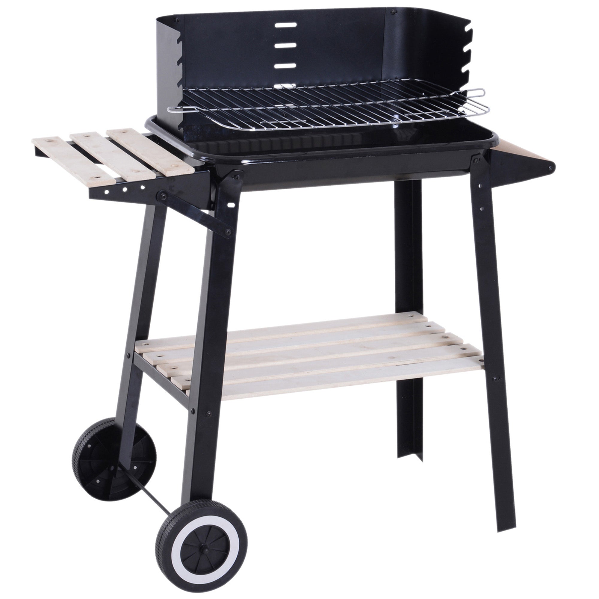 Outsunny Trolley Charcoal BBQ Barbecue Grill Outdoor Patio Garden Heating Smoker with Side Trays Storage Shelf and Wheels 