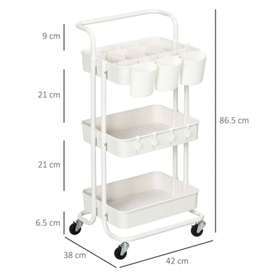 HOMCOM Three-Tier Home Trolley, with Handle and Wheels - White 