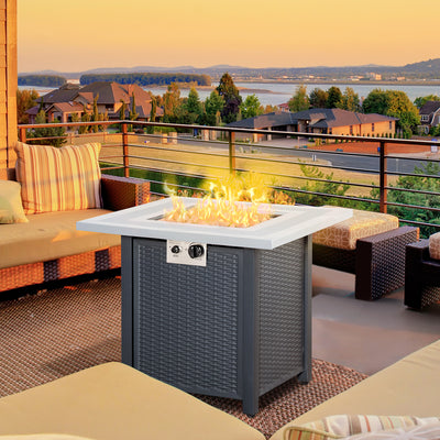 Outsunny Square Propane Gas Fire Pit Table, 40000 BTU Rattan Smokeless Firepit Patio Heater with Lava Rocks and Lid, 71cm x 71cm x 62cm, Black 