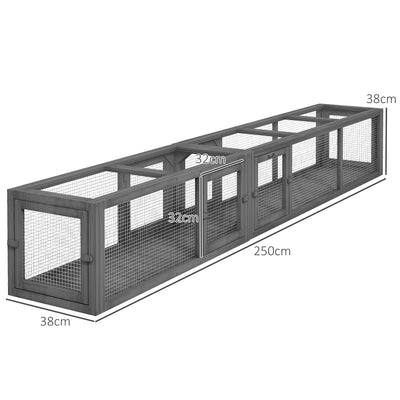 PawHut Cat Tunnel, 250cm Extra Long Wooden Cat Play Tunnel with 8 Doors, L-shape/Rectangle, Outdoor Cat Enclosure, Dark Grey 