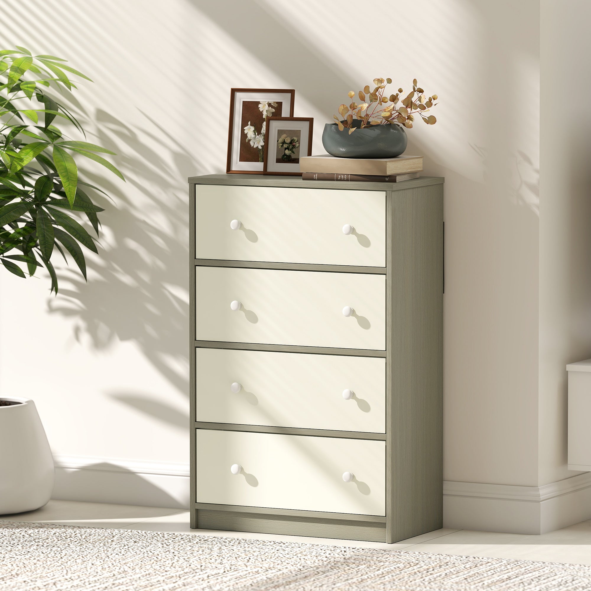 HOMCOM Chest of Drawers, Dresser with 4 Fabric Drawers - White and Grey