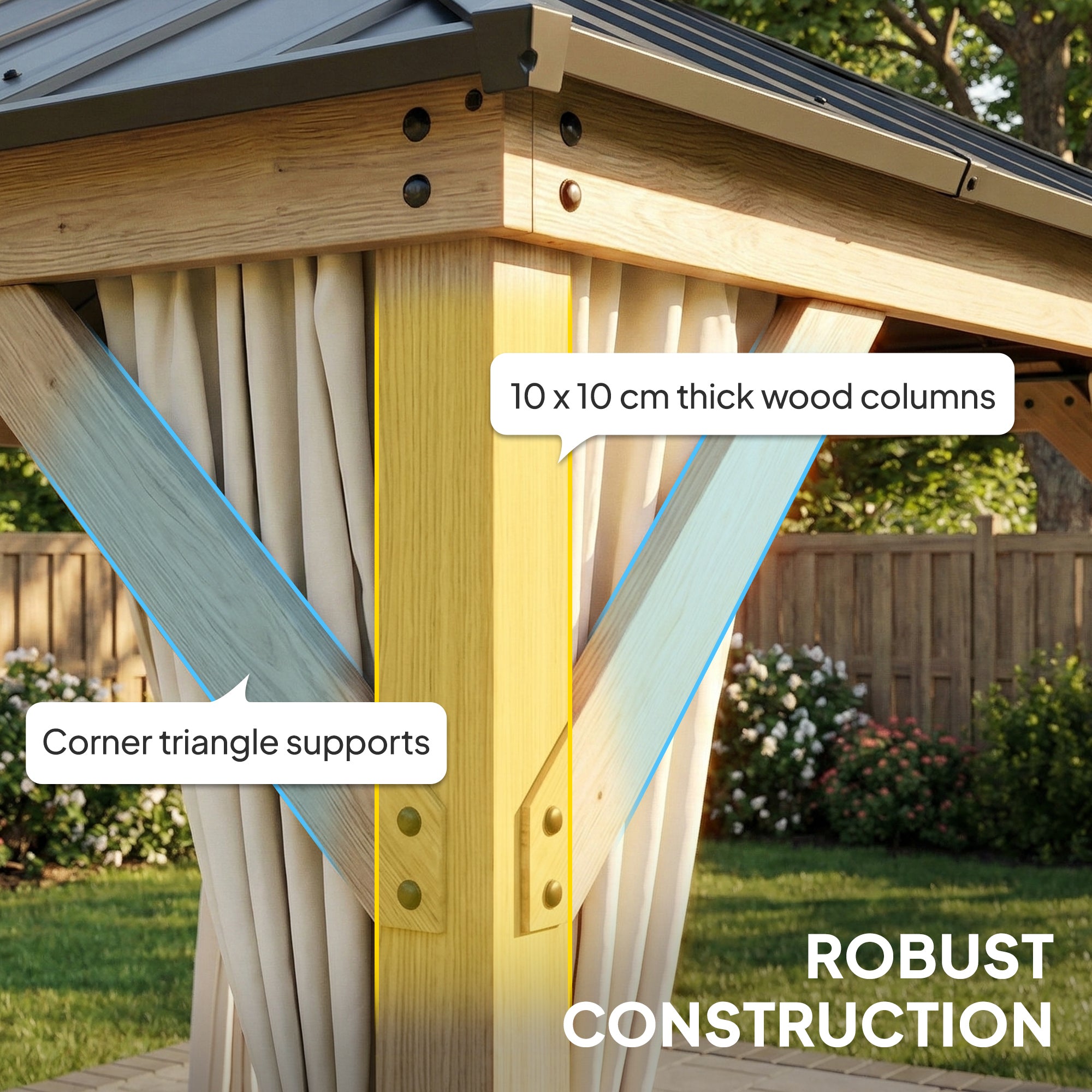 Outsunny 3 x 3 m Outdoor Hardtop Gazebo Canopy with 2-Tier Steel Roof, Wood Garden Gazebo with Curtains, Light Grey 