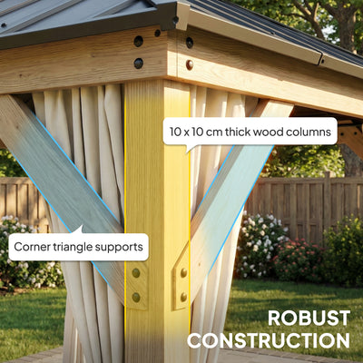 Outsunny 3 x 3 m Outdoor Hardtop Gazebo Canopy with 2-Tier Steel Roof, Wood Garden Gazebo with Curtains, Light Grey 