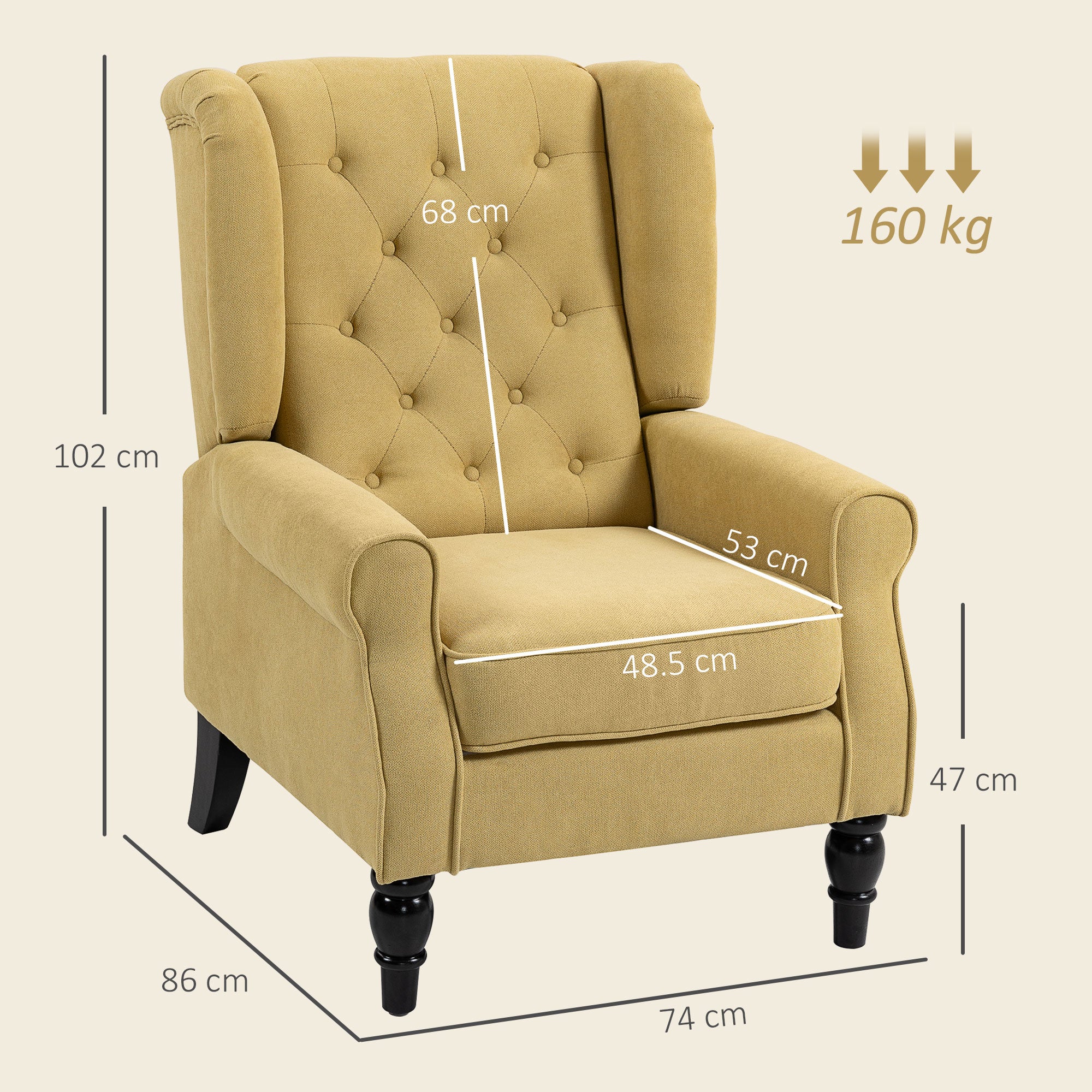 HOMCOM Wingback Accent Chair, Retro Upholstered Button Tufted Occasional Chair for Living Room and Bedroom, Yellow 