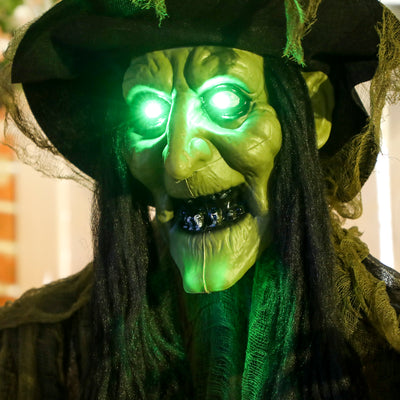 Outsunny 170 cm Life Size Hanging Halloween Animated Witch with Glowing LED Eyes, Spooky Witch Scary Halloween Decorations, Battery Operated, Indoor Party Props 