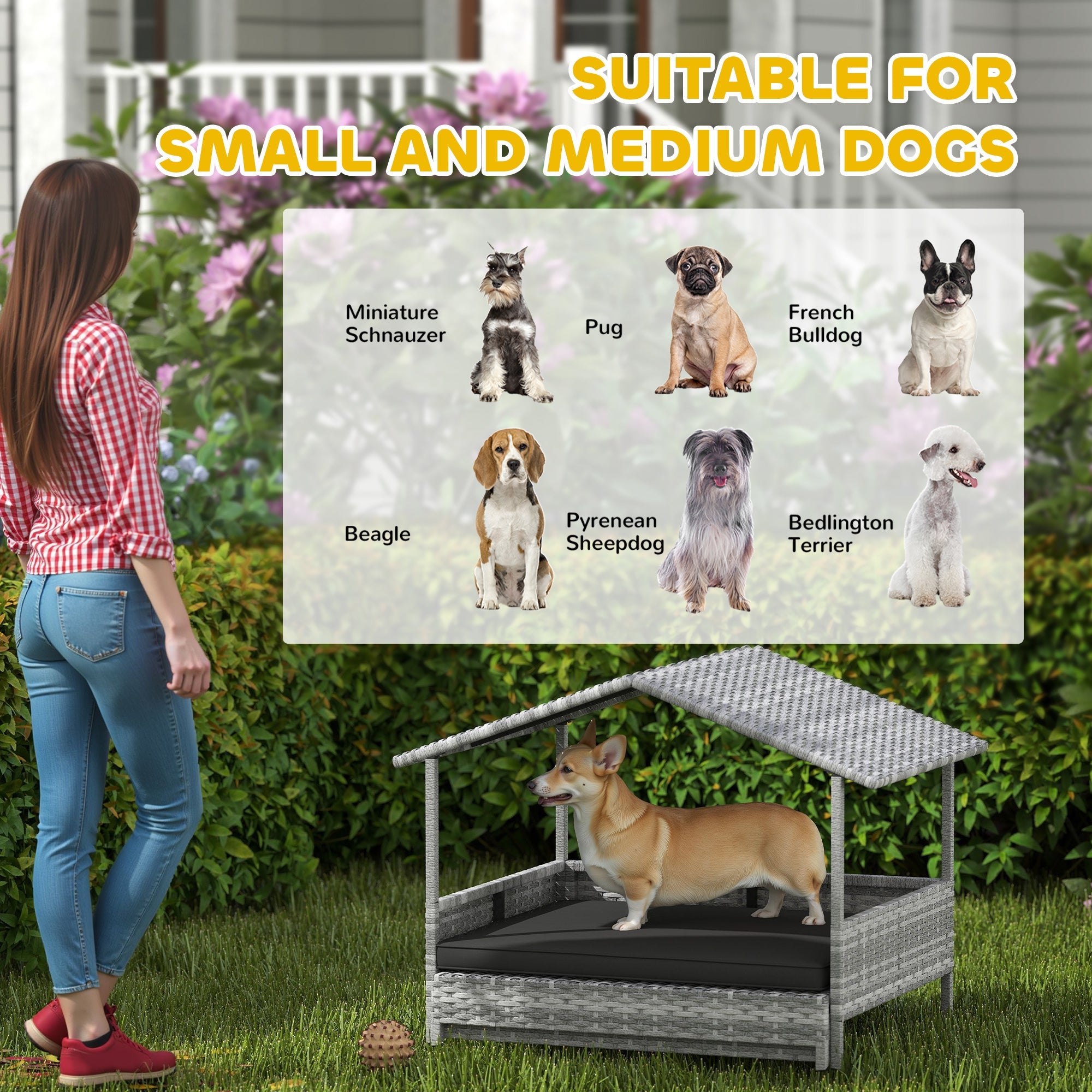 PawHut Extendable Elevated Dog Bed, Rattan Dog House, with Water-Resistant Roof, Removable Cushion, Charcoal Grey 