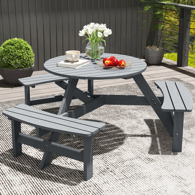 Outsunny 6 Seater Wooden Picnic Table and Garden Benches Set, Round Garden Dining Set with 3 Benches and Umbrella Hole Outdoor Garden Park, Grey 