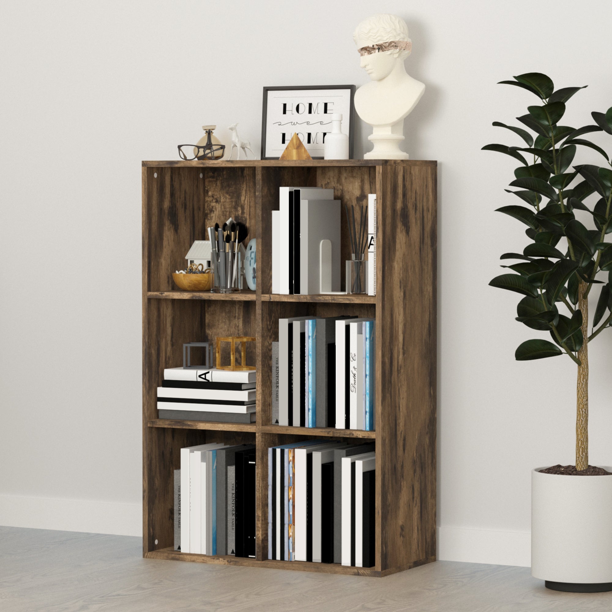 HOMCOM Six-Cube Bookcase - Rustic Brown Wood Effect 