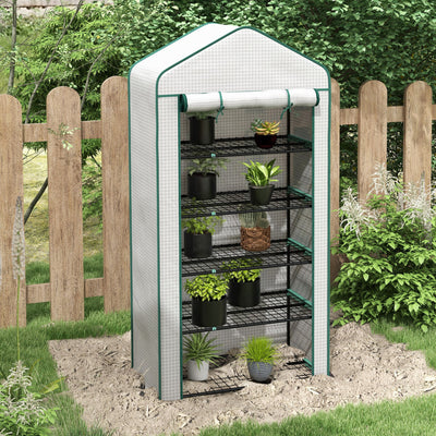 Outsunny 5 Tier Widened Mini Greenhouse with Reinforced PE Cover, Portable Indoor Outdoor Green House with Roll-up Door and Wire Shelves, 193H x 90W x 49Dcm, White 