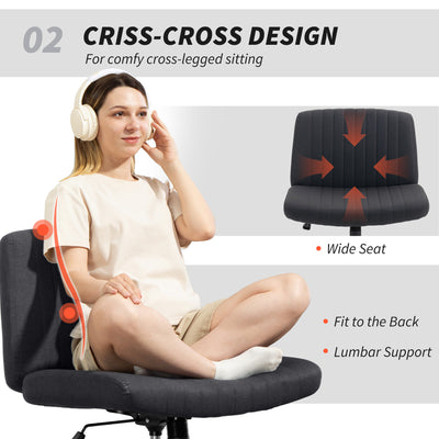 HOMCOM Armless Office Chair No Wheels, Linen Fabric Criss Cross Legged Desk Chair with Wide Seat, Thick Padding, Tilt Function, Height Adjustable Swivel Computer Seat for Home, Black 