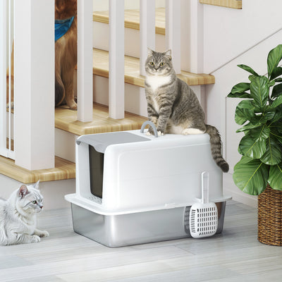 PawHut Stainless Steel Cat Litter Box with Removable Lid, Scoop, Filter Bags, for Larger Cats, White 