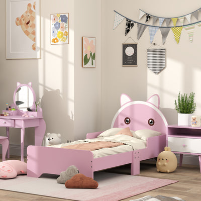 ZONEKIZ Bed for Kids Cat Design Toddler Bed Frame Bedroom Furniture with Guardrails, for 3-6 Years, 143L x 74W x 72Hcm - Pink 