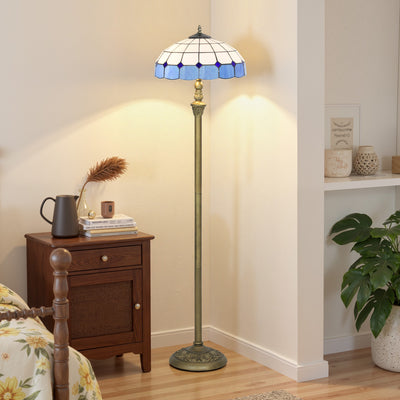 HOMCOM Tiffany-Style Floor Lamp with Handcrafted Stained Glass Shade, 152cm Tall Vintage Standing Lamp with Foot Switch and Dual Sockets for Living Room Bedroom, Bronze Tone and Blue 
