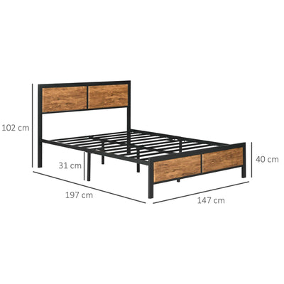 HOMCOM Industrial Double Bed Frame, 5FT Steel Bed Base with Headboard, Footboard, Slatted Support and Under Bed Storage, 147 x 197cm, Rustic Brown 