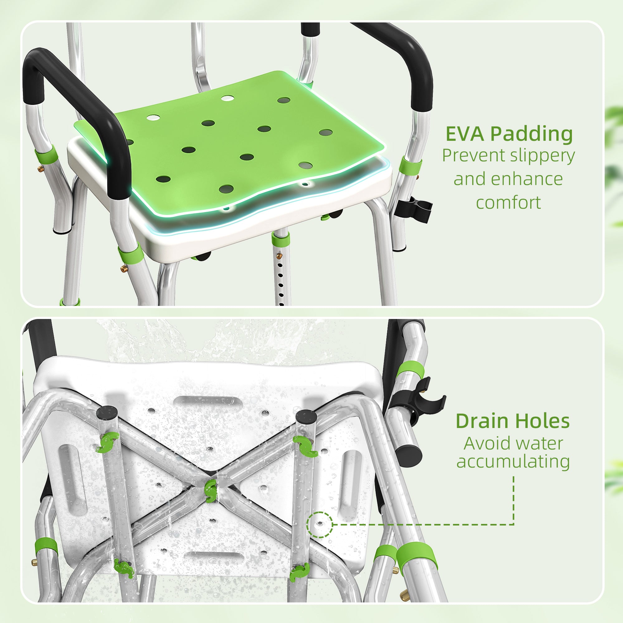 HOMCOM EVA Padded Shower Chair for the Elderly and Disabled, Height Adjustable Shower Stool with Back and Arms, 4 Suction Foot Pads, Green 