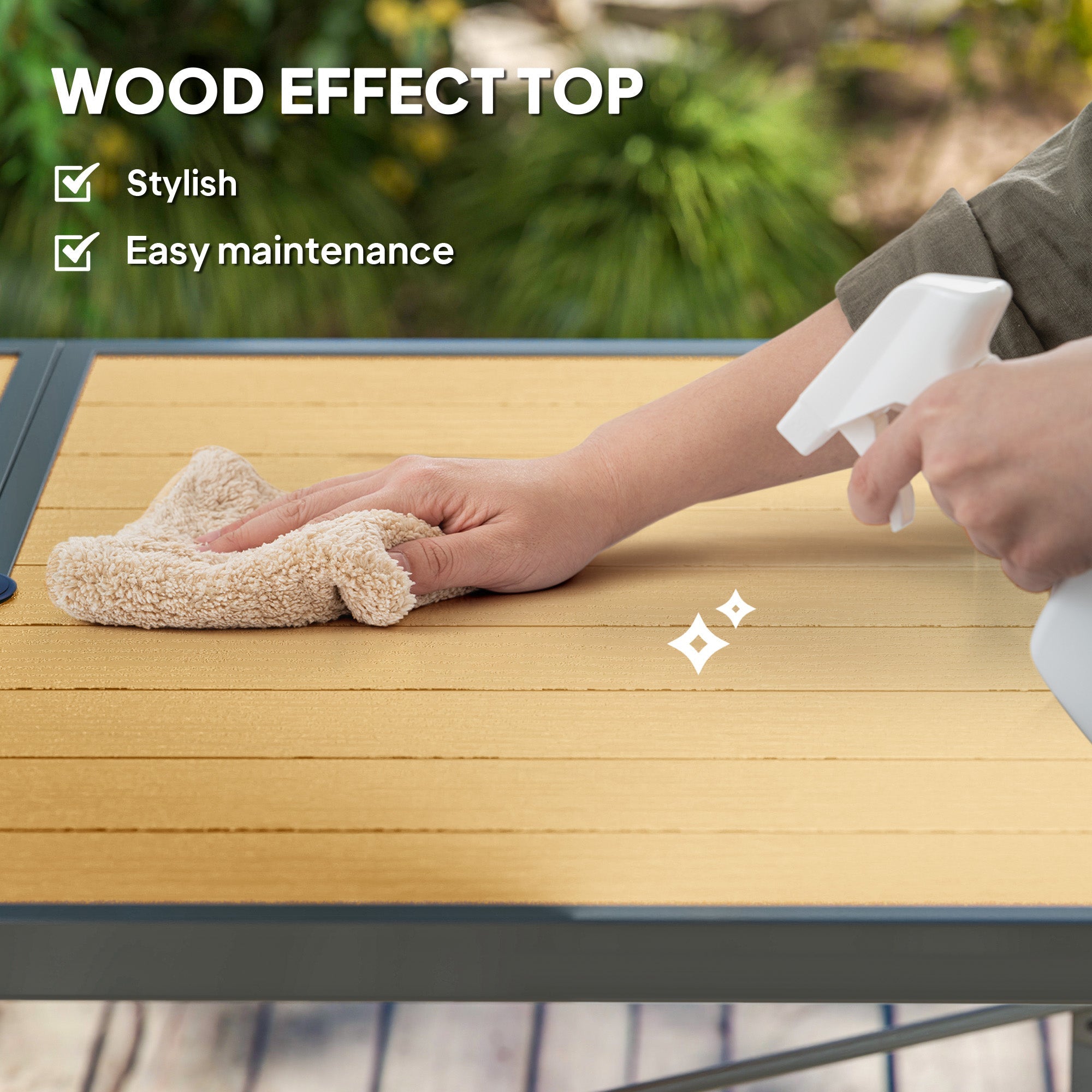 Outsunny Garden Table for 6, Outdoor Dining Table with 5cm Umbrella Hole, Wood Effect Top, Rust Resistant Frame, for Patio, Balcony, Terrace, 150 x 90 cm 