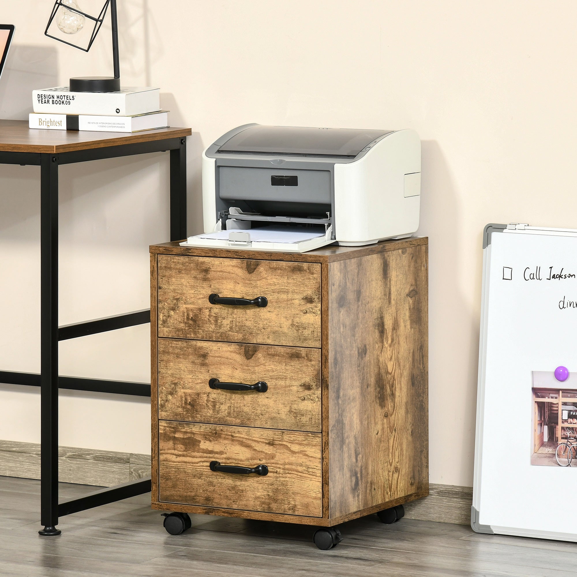 HOMCOM 3 Drawer File Cabinet, Mobile Filing Cabinet on Wheels for Home Office, Study, Rustic Brown 