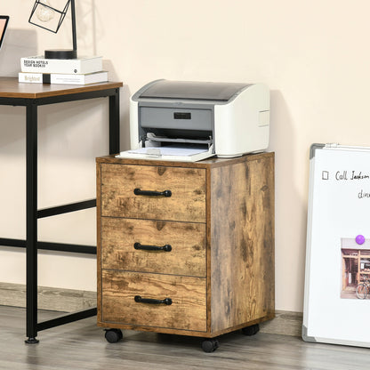 HOMCOM 3 Drawer File Cabinet, Mobile Filing Cabinet on Wheels for Home Office, Study, Rustic Brown 