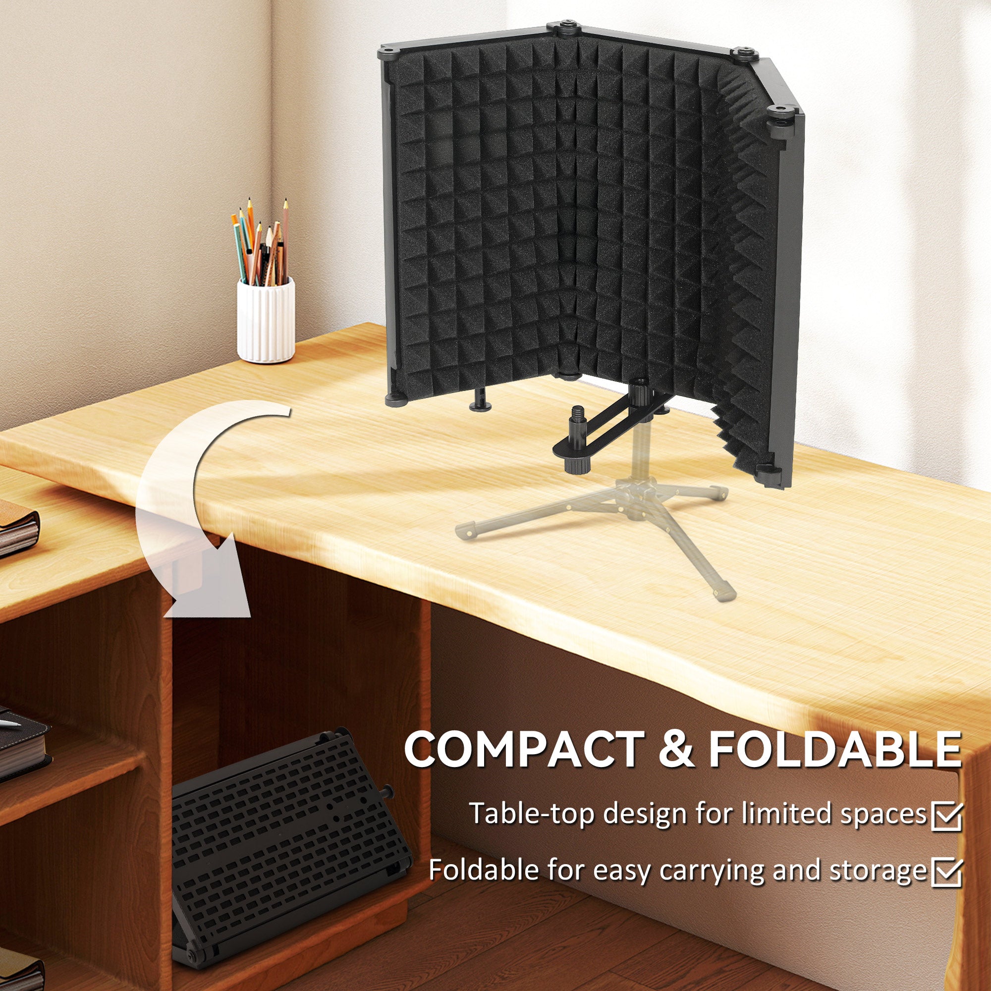 HOMCOM Studio Microphone Isolation Shield, Foldable Adjustable Recording Studio Equipment, 3-Panel High Density Absorbent Foam Shield with 3/8" Threaded Mount, Black 