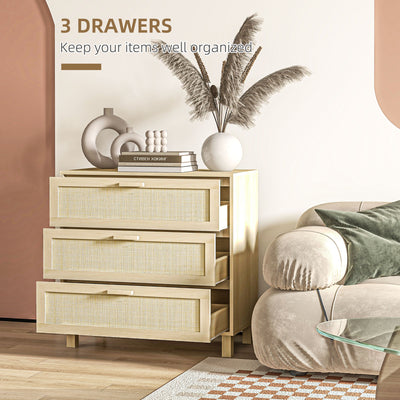 HOMCOM Rattan Bedroom Chest of Drawers, 3 Drawers Storage Unit, Boho Dresser for Living Room, Hallway, Natural 