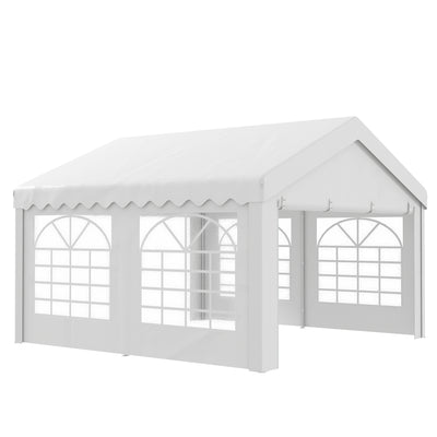 Outsunny 4m x 4m Marquee Party Tent Wedding Canopy, Pop Up Gazebo with Sidewalls, Doors, Windows, Galvanised Garden Gazebo for Parties Events, White 