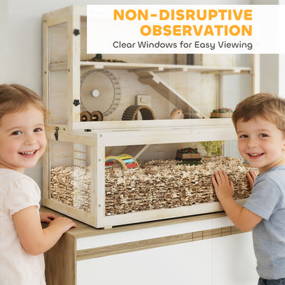 PawHut Wooden Hamster Cage with Hut, Wheel, Ramps, Removable Viewing Panels, 100 x 50 x 84 cm, Natural Wood