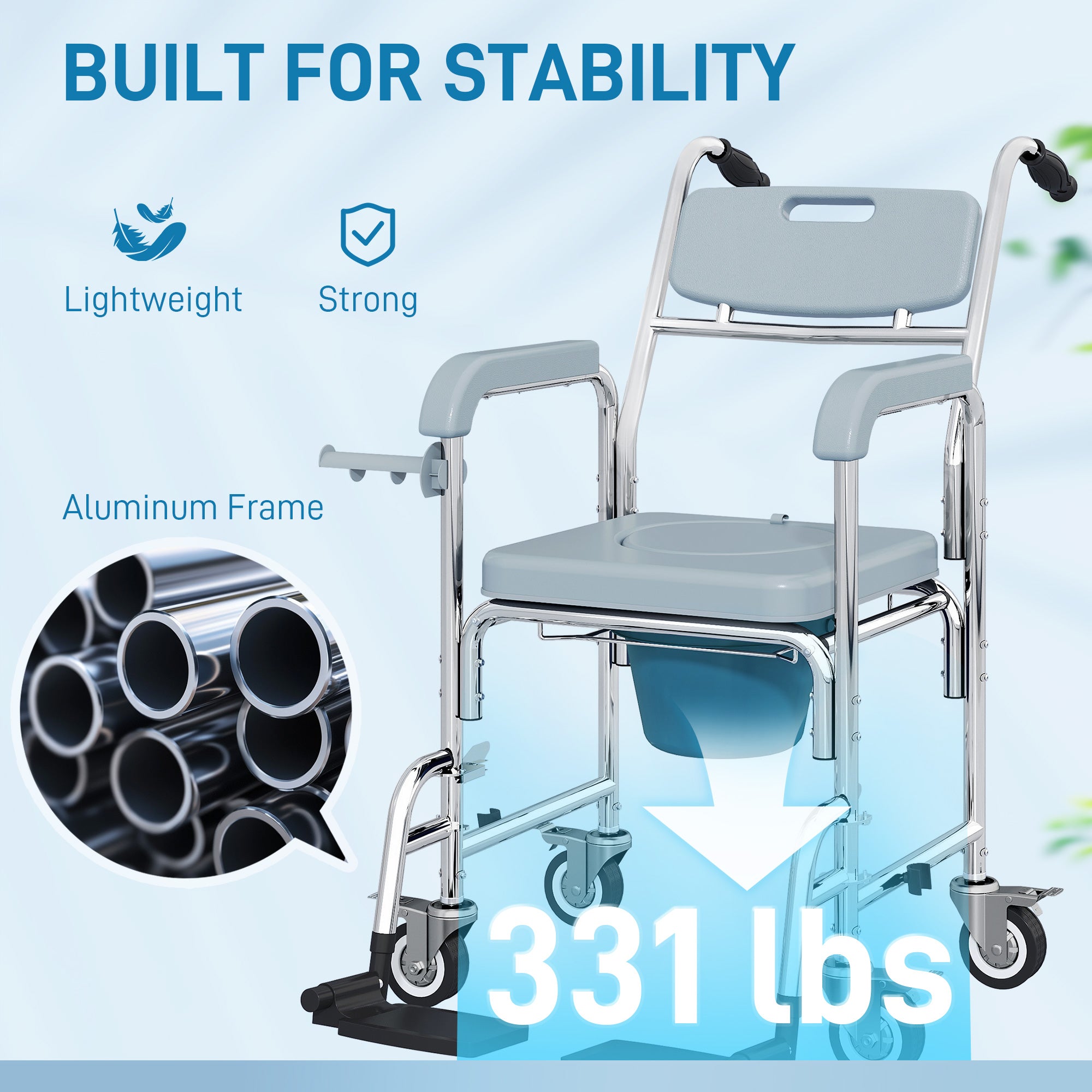 HOMCOM Rolling Shower Wheelchair for Seniors, Bedside Commode Chair with Locking Wheels, Seat, Backrest, Arms, Grey 