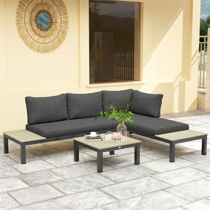 Outsunny 3 Pieces Garden Furniture Set, Aluminium 4 Seater Corner Sofa Set with 2 Loveseats, Coffee Table and Side Trays, Outdoor Conversation Furniture with Cushions for Garden, Dark Grey 
