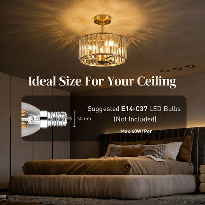 HOMCOM Semi Flush Mount Modern Crystal Chandelier Ceiling Light, Crystal Ceiling Light Fixture with E14 Base, Gold
