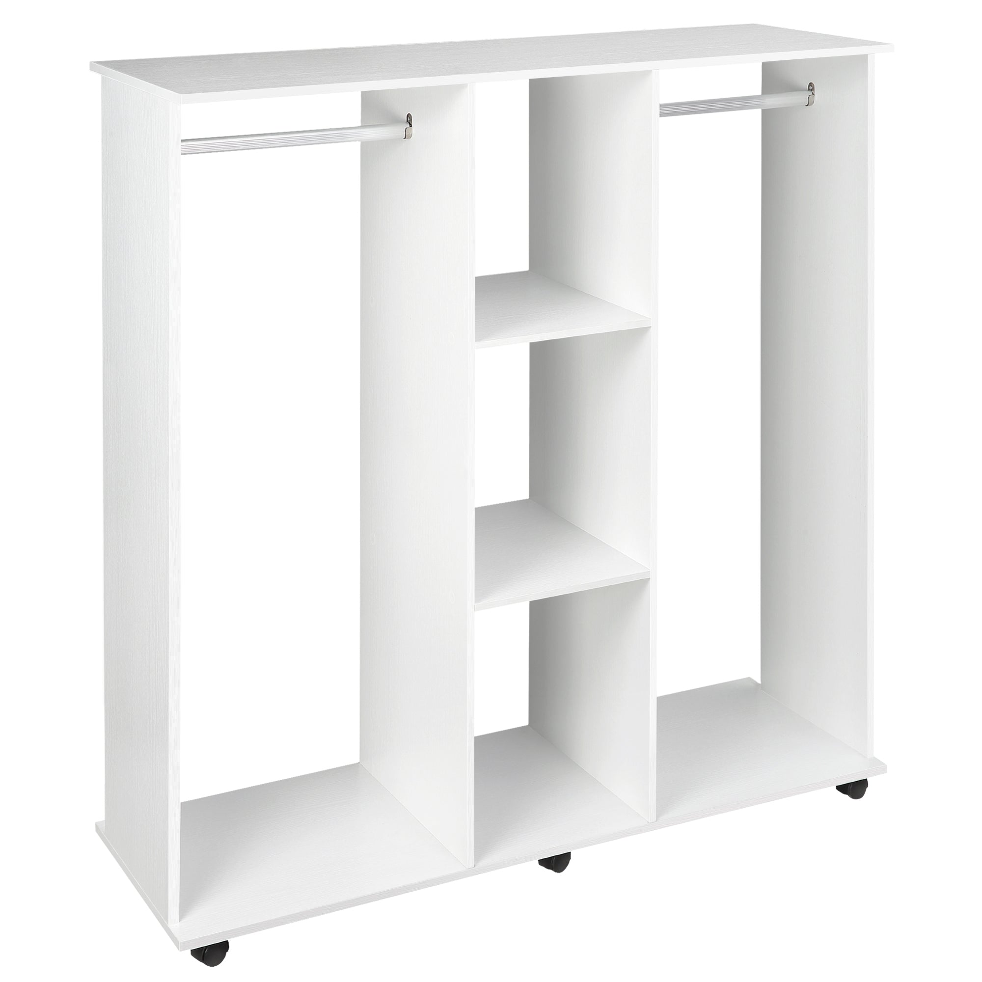 HOMCOM Open Wardrobe Double Mobile Storage Shelves Organizer W/6 Wheels-White 