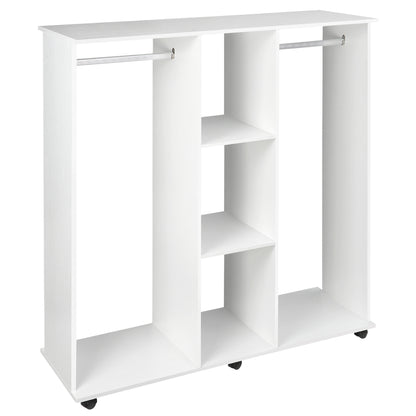 HOMCOM Open Wardrobe Double Mobile Storage Shelves Organizer W/6 Wheels-White 