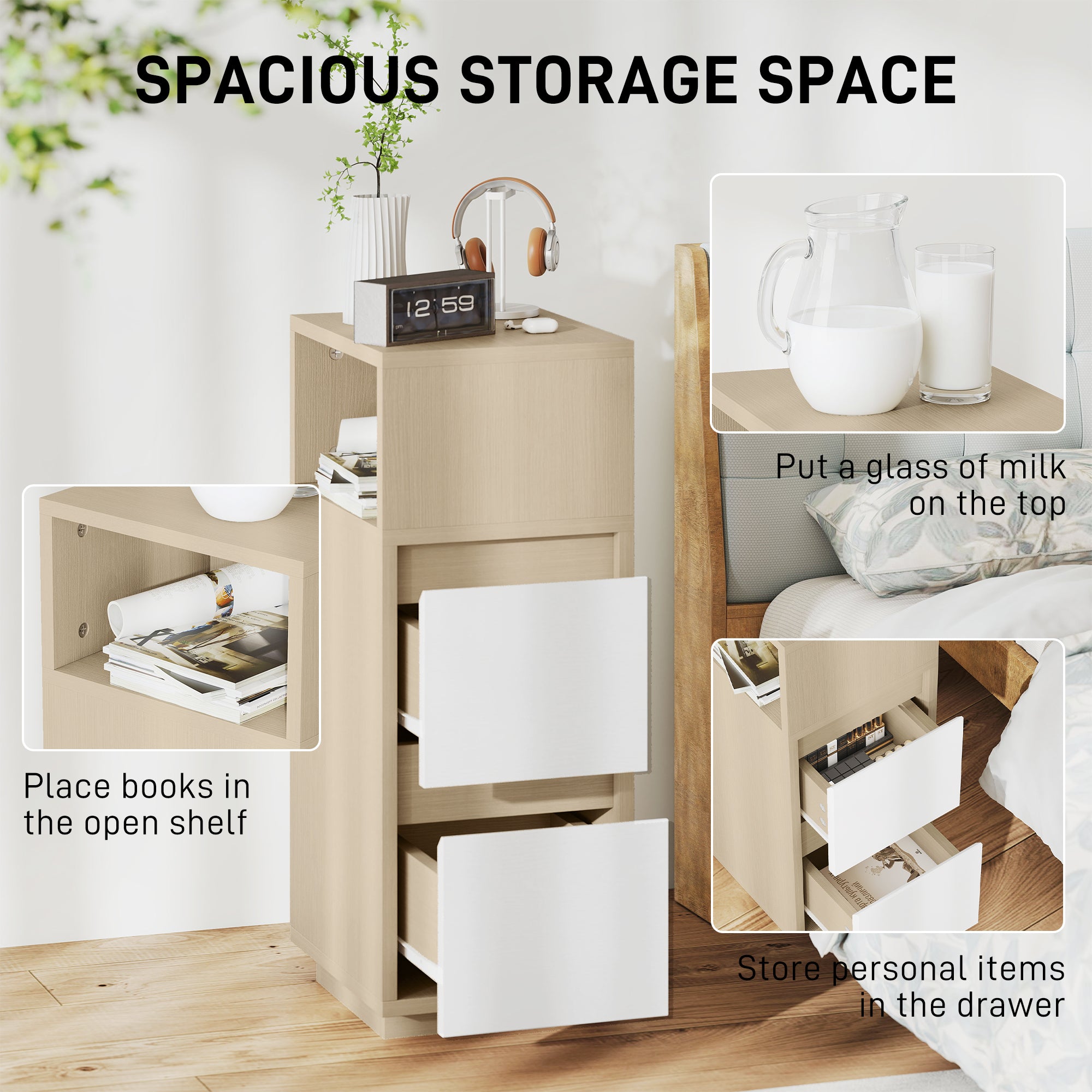 HOMCOM Slim Bedside Table, Narrow Bedside Cabinet with Open Shelf and 2 Drawers for Bedroom, Living Room, Natural Wood Finish 