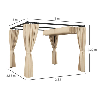 Outsunny 3 x 3(m) Retractable Pergola, Garden Gazebo Shelter with Curtains, for Grill, Patio, Deck, Beige 