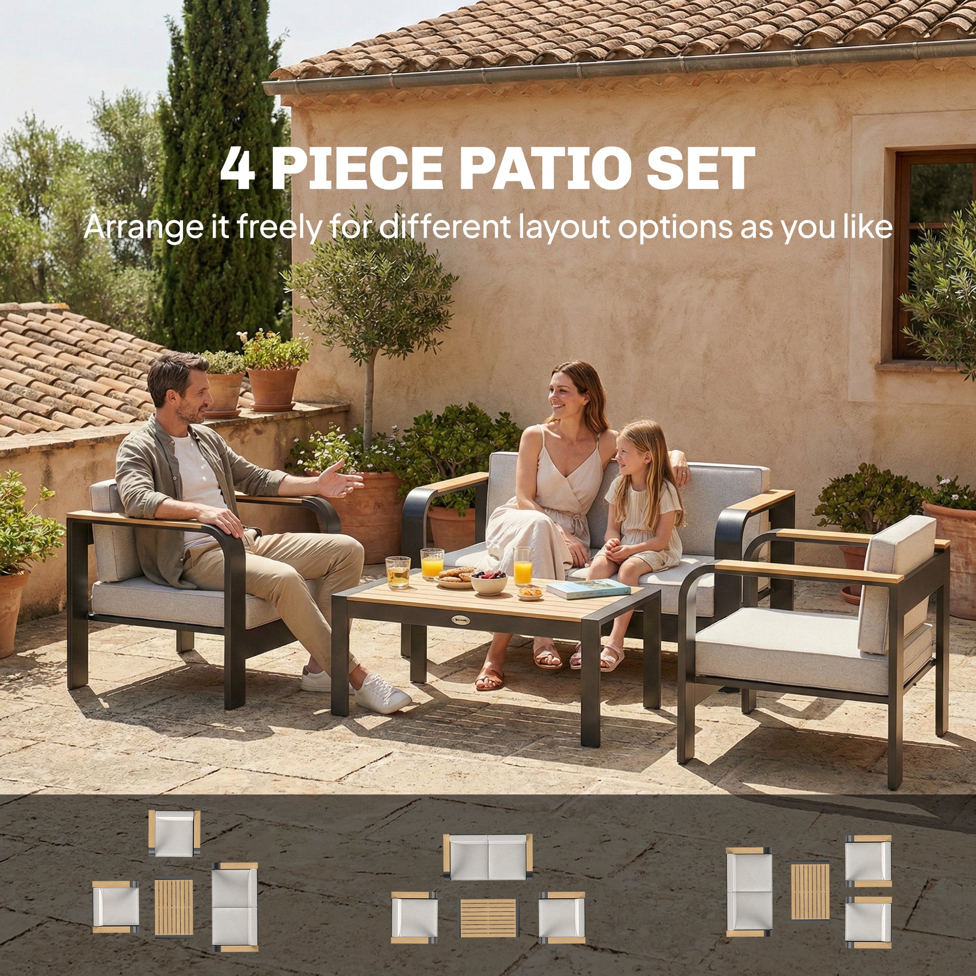 Outsunny 4 Seater Aluminium Garden Furniture Set, Olefin Cushions, Garden Sofa Set with Loveseat, Armchairs, Table, Beige 