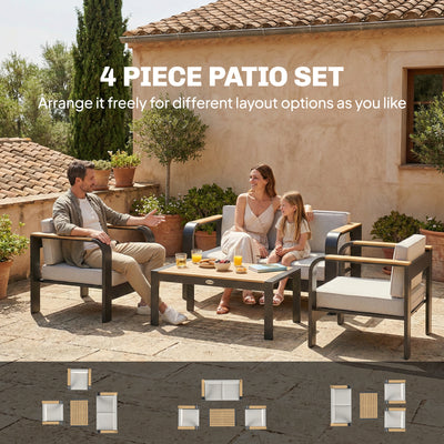 Outsunny 4 Seater Aluminium Garden Furniture Set, Olefin Cushions, Garden Sofa Set with Loveseat, Armchairs, Table, Beige 