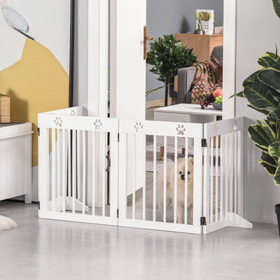 PawHut Freestanding Pet Gate 4 Panel Wooden Dog Barrier Folding Safety Fence with Support Feet up to 204cm Long 61cm Tall for Doorway Stairs White 