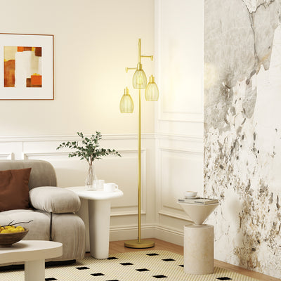 HOMCOM 3-Light Floor Lamp, 170cm Industrial Dimmable Standing Lamp with Steel Wire Cage Lampshades for Living Room, Bedroom, Dining Room, Study, Gold Tone 