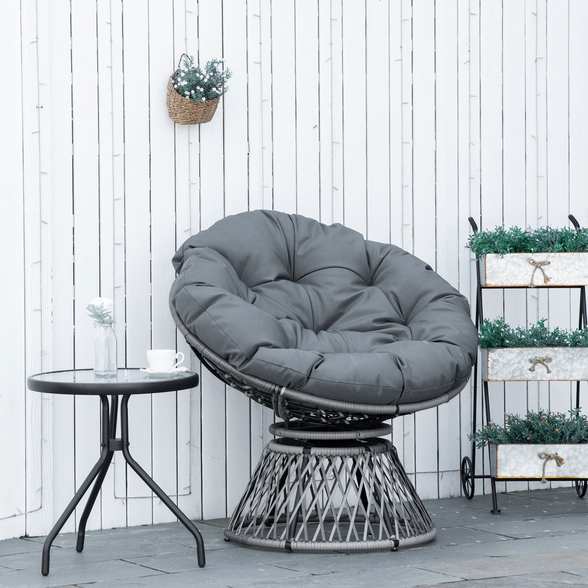 Outsunny 360\'c2\'b0 Swivel Rattan Papasan Moon Bowl Chair Round Lounge Garden Wicker Basket Seat with Padded Cushion Oversized for Outdoor Indoor, Grey