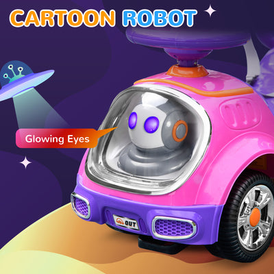 AIYAPLAY 3 in 1 Ride on Push Car, Cartoon Robot Theme Foot to Floor Slider w/ Handle Light Music Horn, Storage - Pink 