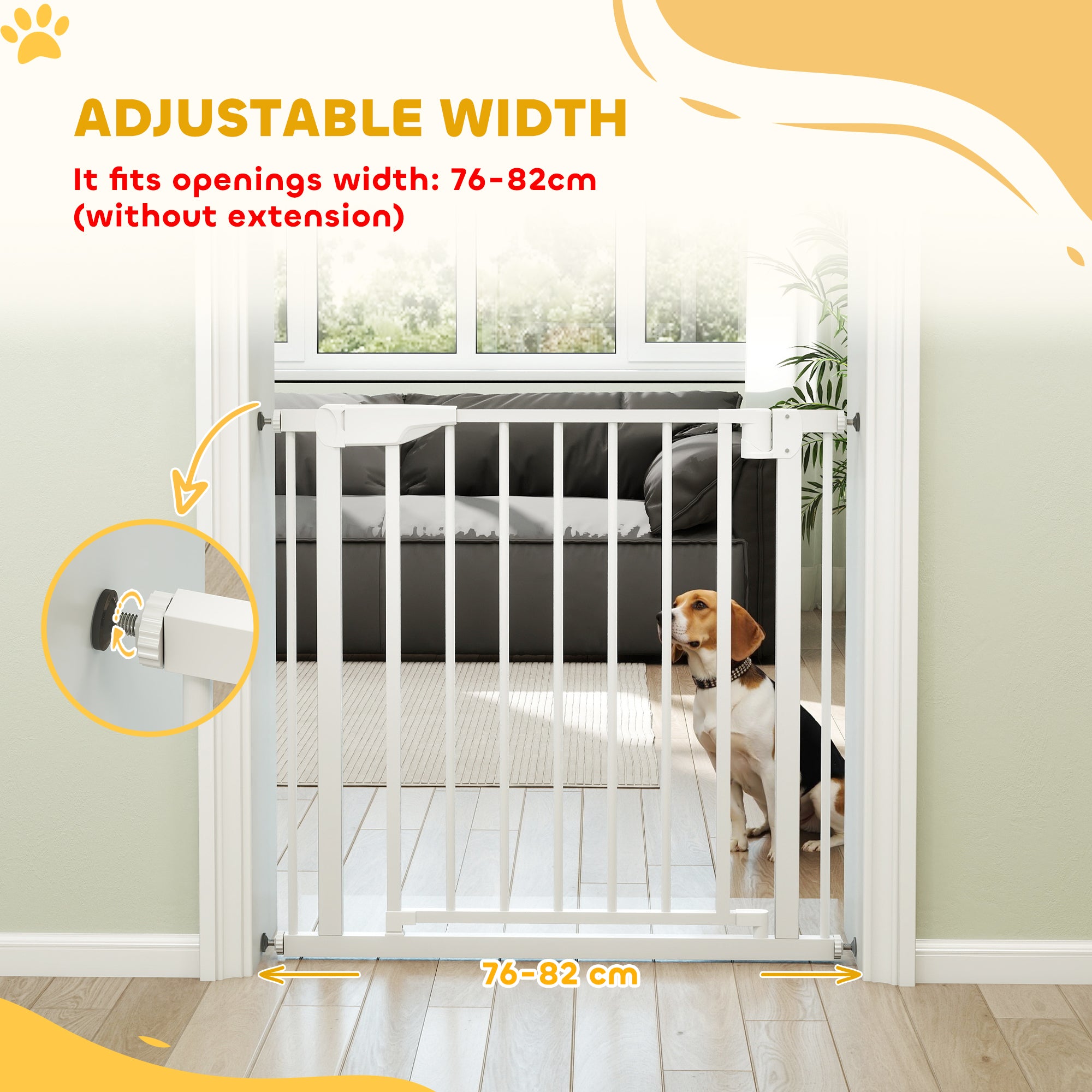 PawHut Baby Gate, Pet Safety Gate Pressure Fit, 76-82cm Wide with Two-Way Open, One-Hand Opening 