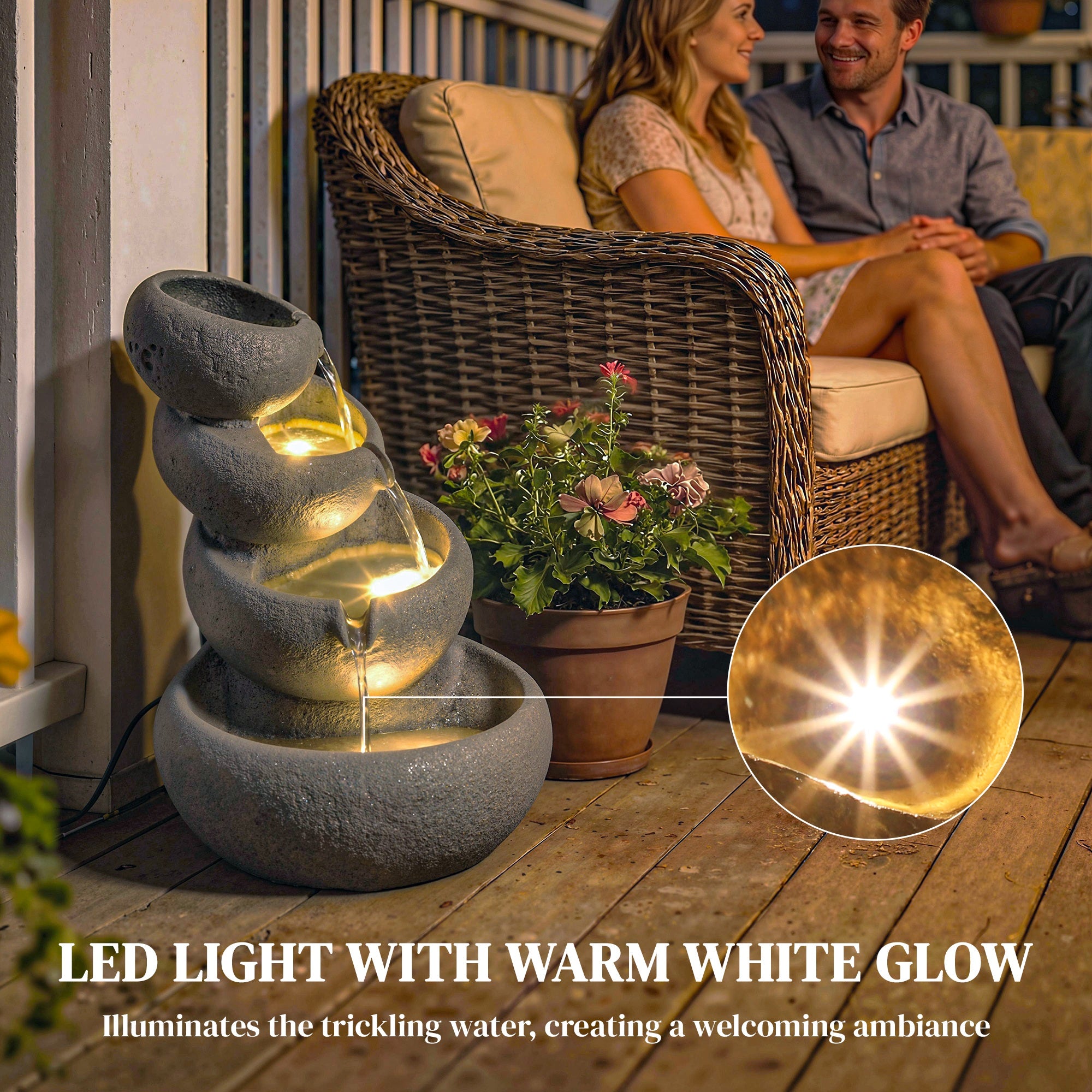 Outsunny 4-Tier Water Fountain Outdoor, Garden Water Feature with LED Lights and Pump, Freestanding Resin Waterfall for Patio 