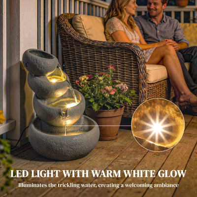 Outsunny 4-Tier Water Fountain Outdoor, Garden Water Feature with LED Lights and Pump, Freestanding Resin Waterfall for Patio 